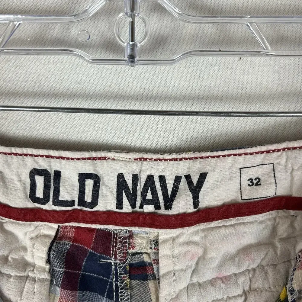 Old Navy Classic Patchwork Plaid Chino Shorts Mens 32 High Rise Casual Beach Dad